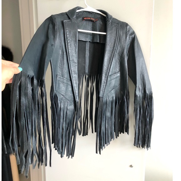 Kate Moss for Topshop Deep Charcoal Navy Fringed Leather Jacket - Picture 11 of 16